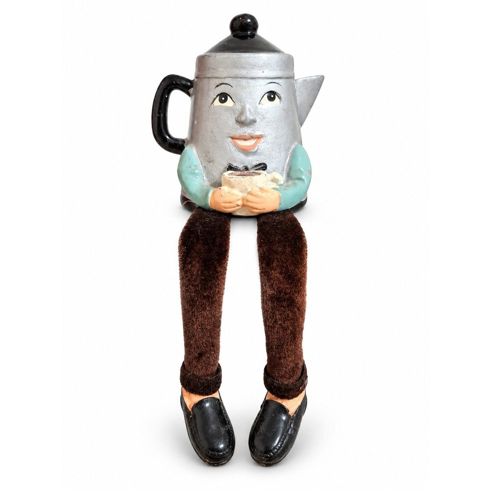 Vintage Anthropomorphic Coffee Pot Shelf Sitter Figurine with Dangling Legs